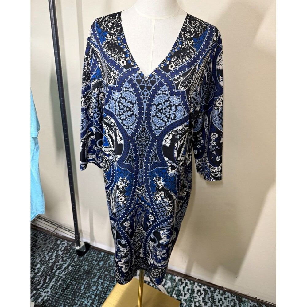 Chico's Womens Sheath Dress 2.5 Blue Black White Floral V-Neck 3/4 Sleeve 521